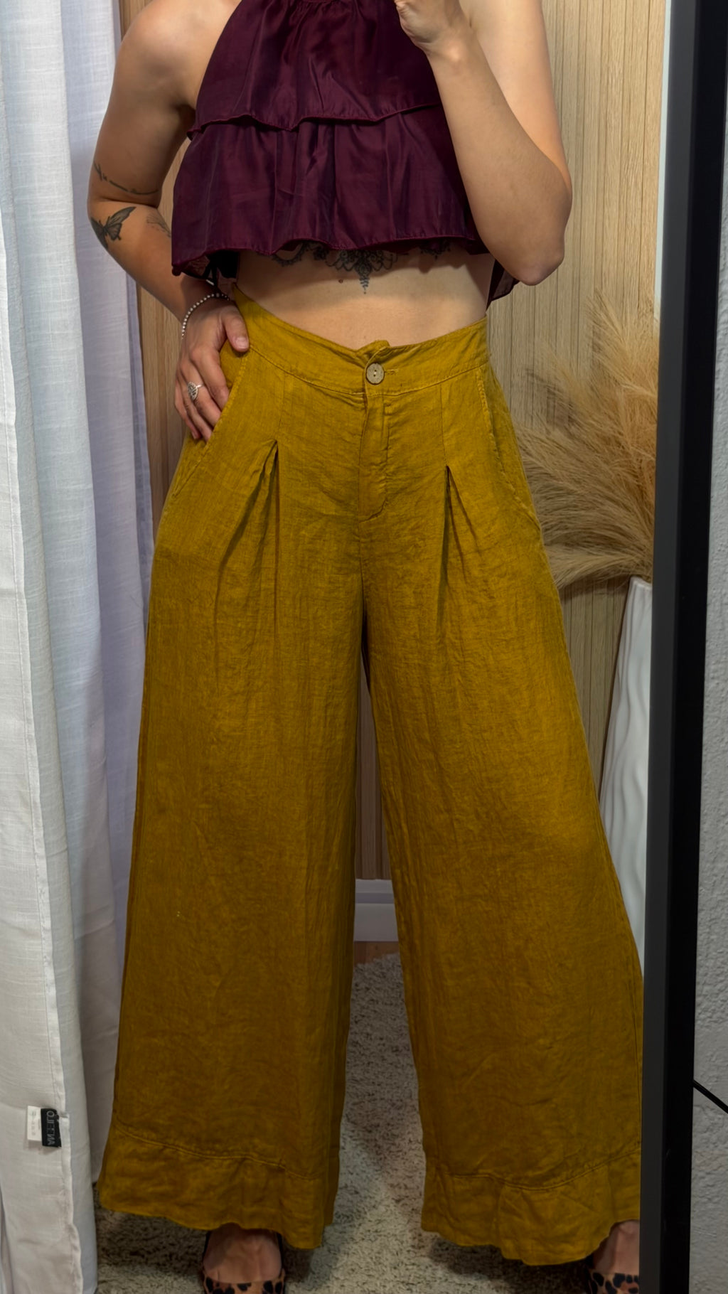 Pantalón lino mostaza