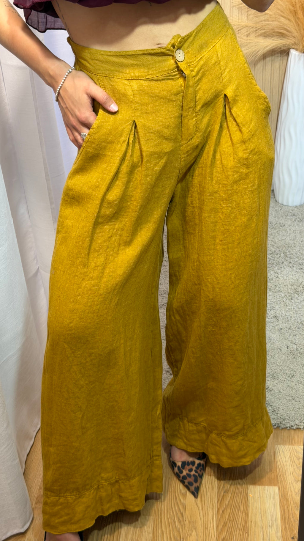 Pantalón lino mostaza