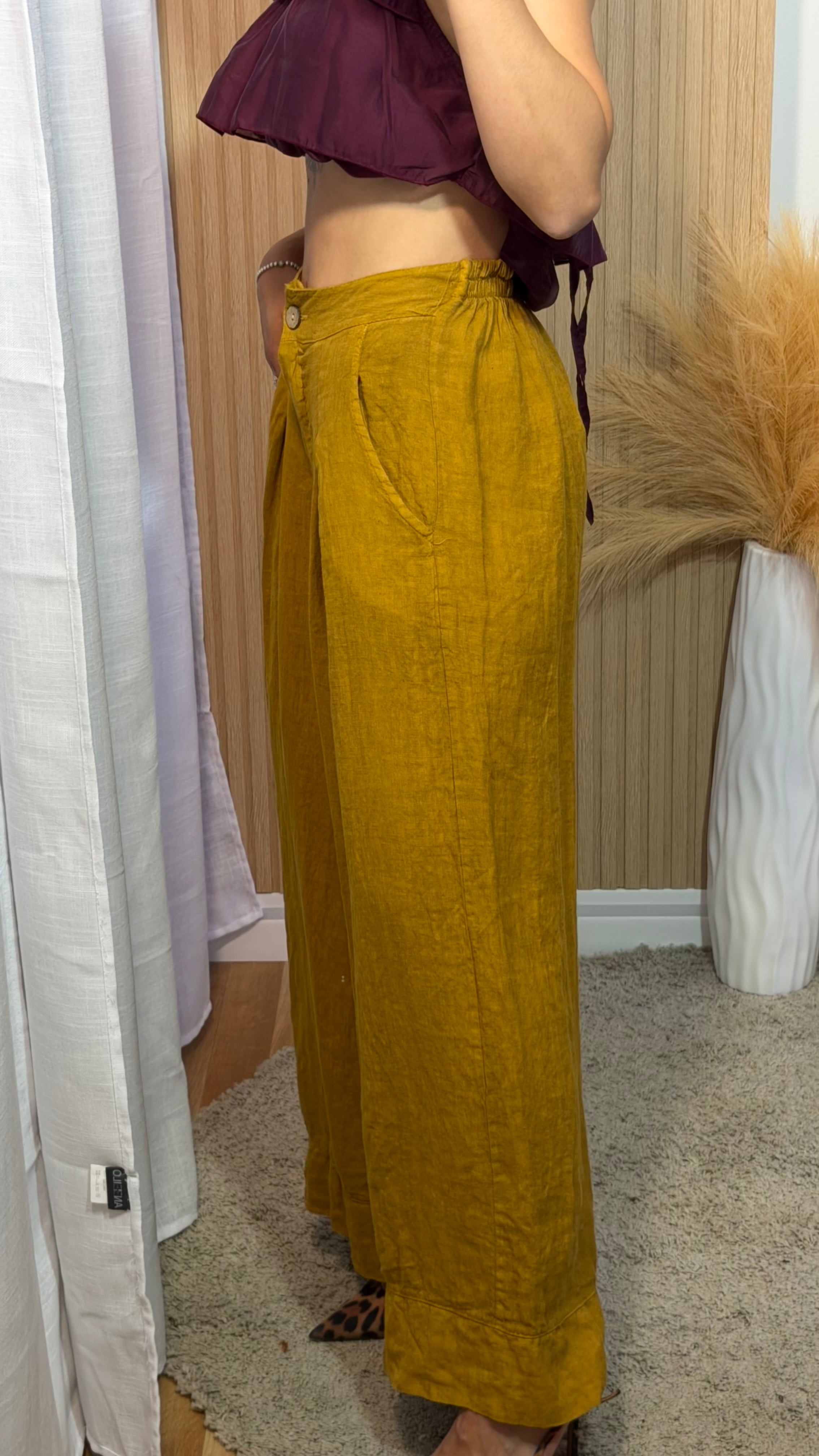 Pantalón lino mostaza